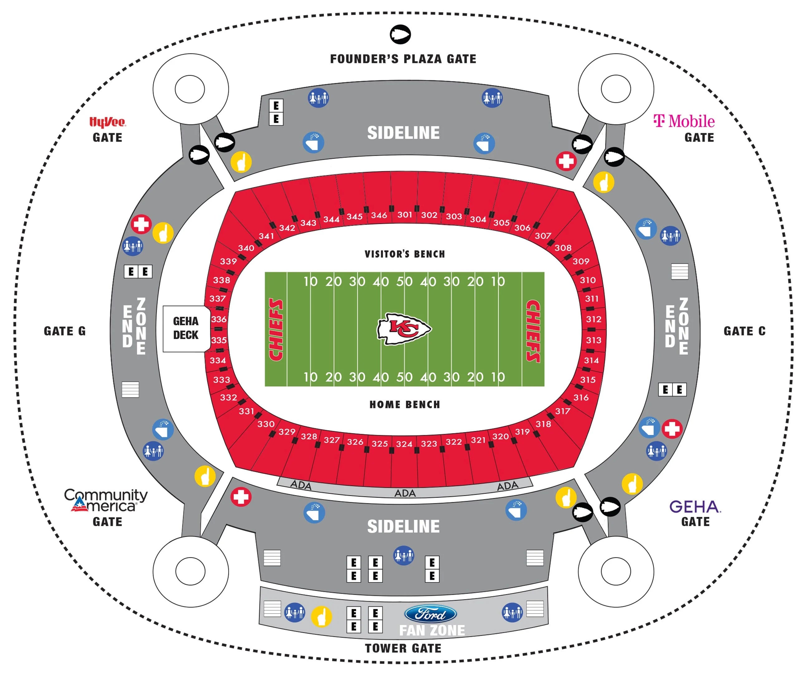 A map of the Upper Level of GEHA Field at Arrowhead Stadium