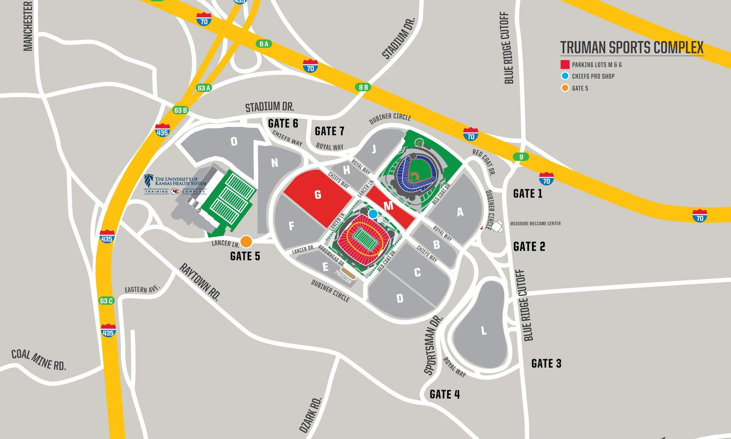 Map of where to park and meet for stadium tours at GEHA Field at Arrowhead Stadium